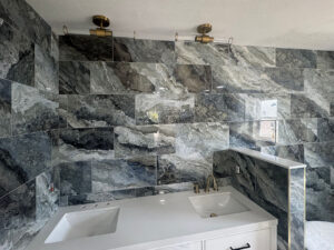 bathroom with Elysium Mystic Ocean 12x24 porcelain tile - bathroom vanity